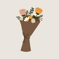 Hand drawn vector flat illustration element of a bouquet of mix assorted wild flower. Decorative element for card, postcard, sticker, banner, invitation, social media post