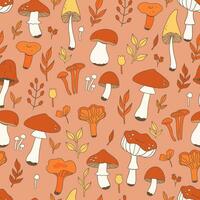 Seamless pattern with autumn leaves and mushrooms. Vector graphics.