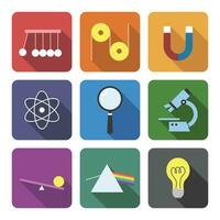 Vector set of Physics icons flat style with long shadow. Newton Cradle, pulley, magnet, atom, microscope, lever, magnifying glass, light bulb, prism vector illustration. Logo design