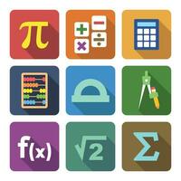 vector conjunto de matemáticas íconos plano estilo con largo sombra. Pi número, operaciones, calculadora, ábaco, transportador, Brújula, función, cuadrado raíz, suma glifo, matemáticas símbolos concepto vector ilustración