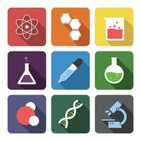 Vector set of Chemistry icons flat style with long shadow. Atom, hexagonal molecule, laboratory equipments, flask, dropper, water molecular structure, DNA, microscope vector illustration. Logo design