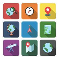 Vector set of Geography icons flat style with long shadow. Earth globe, compass, location, direction, telescope, atlas map vector illustration. Logo design