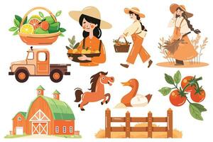 Hand Drawn Set of Farmer and farm objects in flat style vector