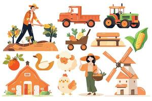 Hand Drawn Set of Farmer and farm objects in flat style vector