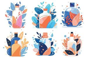 Hand Drawn Set of cosmetic bottles and leaves in flat style vector