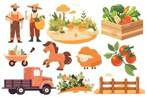 Hand Drawn Set of Farmer and farm objects in flat style vector