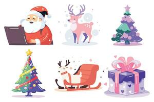 Hand Drawn Set of Santa Claus with Christmas objects in flat style vector