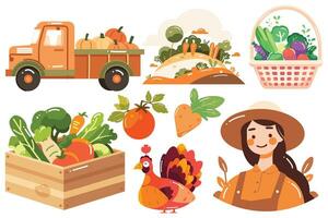 Hand Drawn Set of Farmer and farm objects in flat style vector