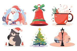 Hand Drawn Set of Santa Claus with Christmas objects in flat style vector