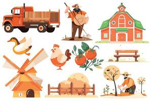 Hand Drawn Set of Farmer and farm objects in flat style vector