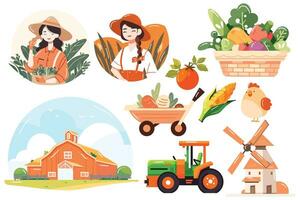 Hand Drawn Set of Farmer and farm objects in flat style vector