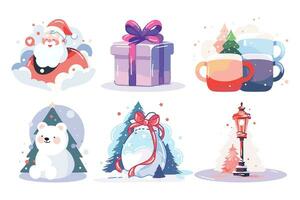 Hand Drawn Set of Santa Claus with Christmas objects in flat style vector