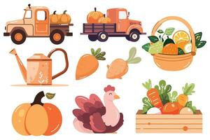 Hand Drawn Set of Farmer and farm objects in flat style vector