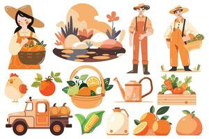 Hand Drawn Set of Farmer and farm objects in flat style vector