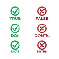 true, false, do's, don'ts, facts, myths symbol with grunge effect vector