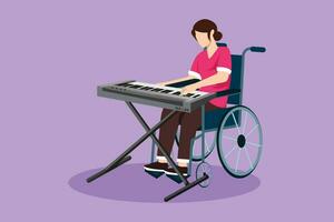 Graphic flat design drawing beautiful female sit in wheelchair playing electric keyboard, sing song. Musical performance in hospital. Rehabilitation center patient. Cartoon style vector illustratione