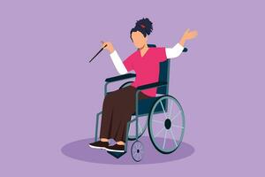 Cartoon flat style drawing beautiful woman conductor sitting in wheelchair leading orchestra. Disability people play classical music. Rehabilitation center patient. Graphic design vector illustration