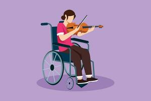 Character flat drawing of disability and music. Woman in wheelchair plays violin. Physically disabled, broken leg. Person in hospital. Rehabilitation center patient. Cartoon design vector illustration