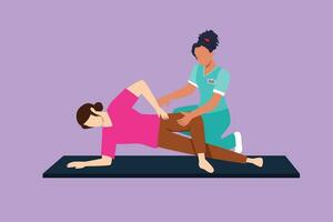 Graphic flat design drawing professional female osteopath bonesetter making massage to woman. Spine adjustment. Rehabilitation, manual therapy. Chiropractor working. Cartoon style vector illustration