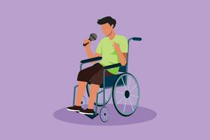 Cartoon flat style drawing disabled person enjoying life. Handsome man sitting in wheelchair singing at musical performance event. Spend time in recreational place. Graphic design vector illustration