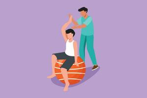 Character flat drawing physiotherapy rehabilitation isometric composition with young man patient sitting on ball and male doctor holding his hand. Medical concept. Cartoon design vector illustration