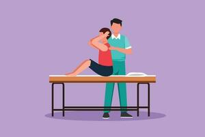 Cartoon flat style drawing of man sitting on massage table masseur doing healing treatment massaging injured patient manual physical therapy medical rehabilitation. Graphic design vector illustration