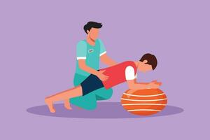 Graphic flat design drawing physiotherapist, rehabilitologist doctor rehabilitates man patient. Male doing exercises on fitball. Physiotherapy rehab, injury recovery. Cartoon style vector illustration