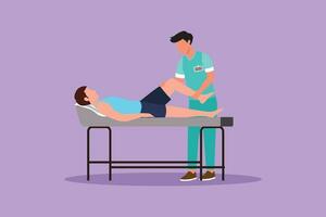 Graphic flat design drawing man lying on massage table professional masseur therapist doing healing treatment massaging patient treating knee manual physical therapy. Cartoon style vector illustration