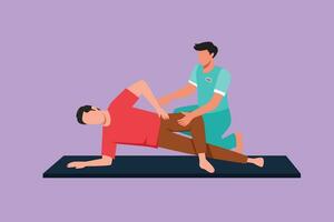 Graphic flat design draw professional male osteopath bonesetter making massage to man. Spine adjustment. Rehabilitation therapy, manual therapy. Chiropractor working. Cartoon style vector illustration