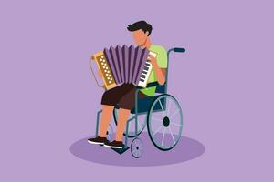 Graphic flat design drawing disability and music. Man in wheelchair playing accordion. Physically disabled, injured body, in hospital. Rehabilitation center patient. Cartoon style vector illustration