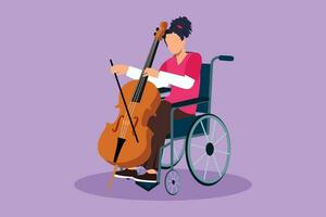 Graphic flat design drawing beautiful woman sitting in wheelchair plays cello in opera concert. Disability people play classical music. Rehabilitation center patient. Cartoon style vector illustration