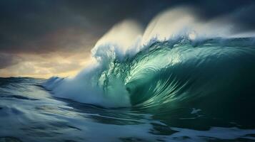 foto de el grande olas laminación en el playa en el tarde. generativo ai