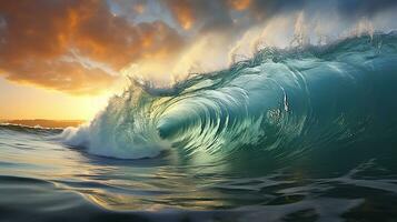 foto de el grande olas laminación en el playa en el tarde. generativo ai