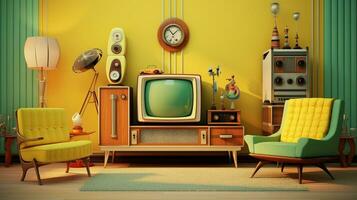 photo of home furnishings in the living room with retro style. Generative AI