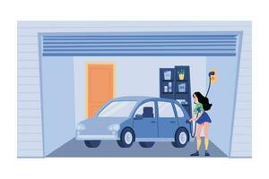 mujer cargando un coche eléctrico en casa vector