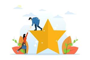 The concept of an idea to help allies reach the top of the stars. mentor or coaching for success in work, helping colleagues achieve goals, reliable flat vector illustration on a white background.