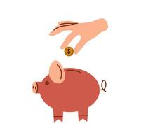 Hand throws coin into piggy bank. Arm with coin. Business and finance concept. Flat vector illustration. Flat vector illustration.