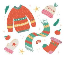 Set of bright winter clothing. Christmas and New Year concept. Festive sweater, scarf, knitted hat, mittens. Hand drawn vector isolated clipart