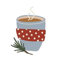 Mug with cocoa and fir twig. Christmas festive retro composition. Hand drawn vector isolated clipart