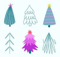 Set of vivid christmas trees. Christmas festive trendy firs with stars. Hand drawn vector isolated clipart