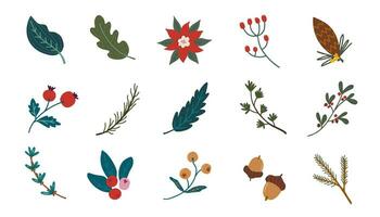 Set of Christmas florals. Festive bright decorative leaves, flowers and branches. Hand drawn modern vector isolated clipart