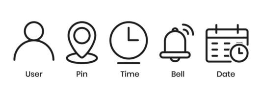 Clock Time Icon, Home Address Button, Pin Location Place, Bell Notification Reminder Icon, Date Calendar Symbol, Profile, Business Icon Set, User Interface, Official Hours, Deadline Design Elements vector