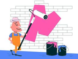 Painter character in retro style. Painting tools. Wall painting. Home repairs. Vector illustration in retro linear style. Aesthetics of the 60s, 70s.