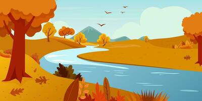River water flow and mountain autumn landscape illustration. Falling leaves from tree scene and beautiful stream near meadow or slate. Vector illustration