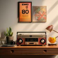 retro antiguo radio en el escritorio. Años 90 conceptos. Clásico estilo filtrado foto. generativo ai foto