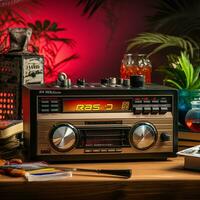 retro antiguo radio en el escritorio. Años 90 conceptos. Clásico estilo filtrado foto. generativo ai foto