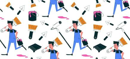 Seamless pattern with painting tools. Vector seamless background in retro style with the character of a house painter at work. Vintage illustration from 60s, 70s. Retro linear illustration.