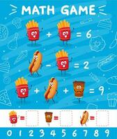 French fries, hotdog, coffee, math game worksheet vector
