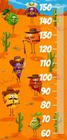 Kids height chart ruler, Western cowboy fruits vector