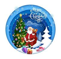 Christmas paper cut banner, gifts on snow, Santa vector